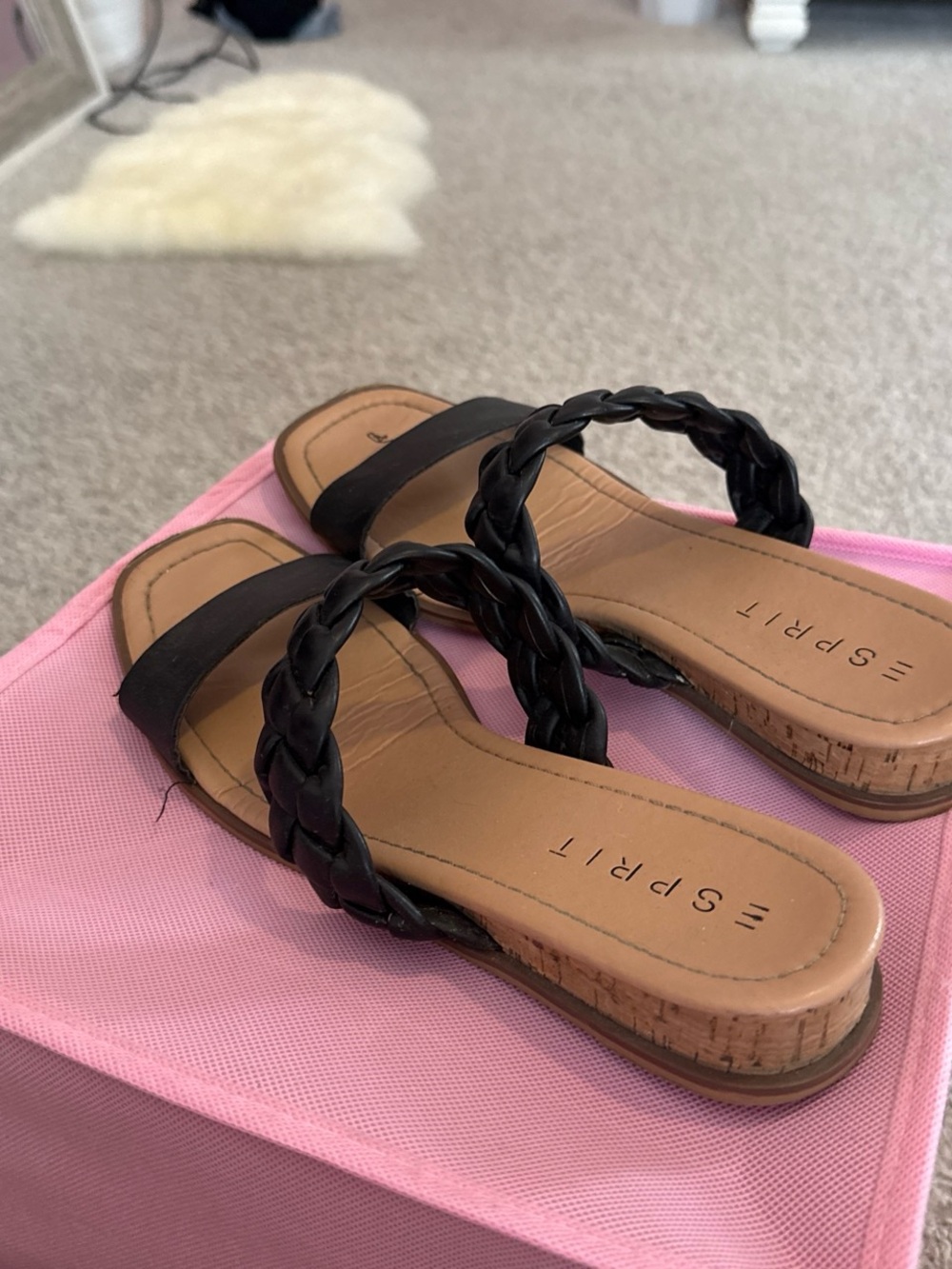 Esprit Black Braided Double Strap Slide Sandals